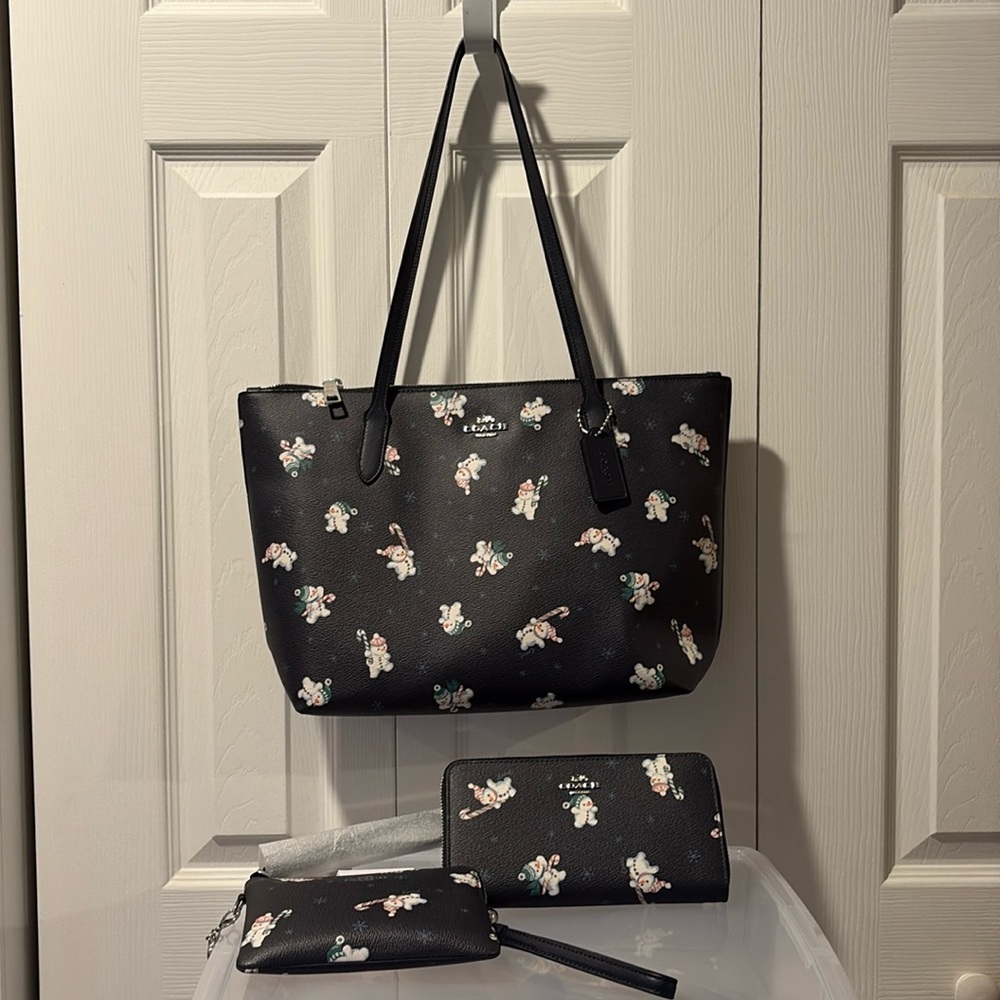 Coach Midnight Blue Snowman Zip Tote Bag, Long Zip Wallet & Corner Wristlet Set